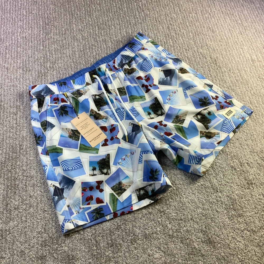 Scotch & Soda Mens Volley Swim Shorts Polaroid Print White Blue Size M NWT